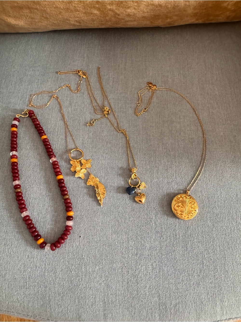 Madewell Gold Floral Medallion & Red Beaded Necklace Set